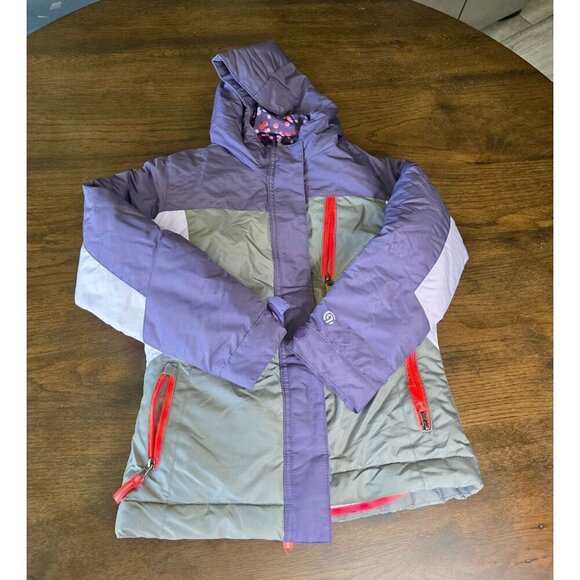 Girls Purple & Gray Hooded Winter Jacket With Polka Dot Lining Red Zippers & Fle - Picture 1 of 16
